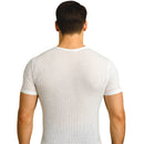 Man wearing a white textured t-shirt on a white background