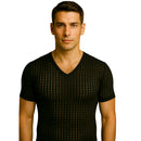 Man wearing a black patterned V-neck shirt on a white background