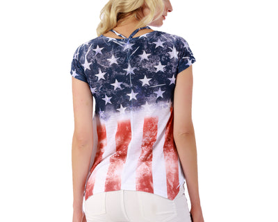 American Flag V-Neck Top with Cap Sleeves - 153707