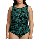 Woman wearing a green leaf-patterned swimsuit on a white background