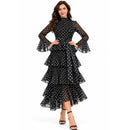 InstantFigure Polka Dot Ruffle Long Dress – Black & White CM5030