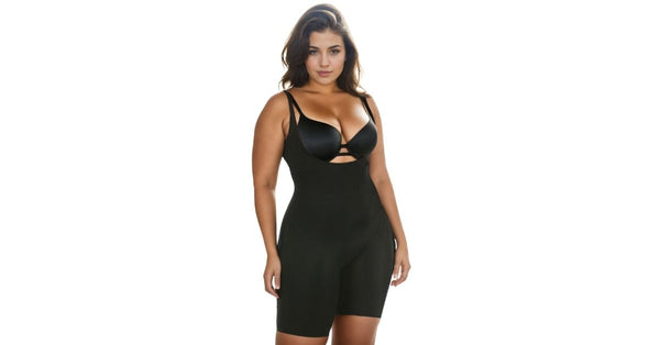 InstantFigure Underbust Bodyshorts WB40161, black shapewear with open bust, wide straps, and firm waist, hip, and thigh compression. made in the USA New York