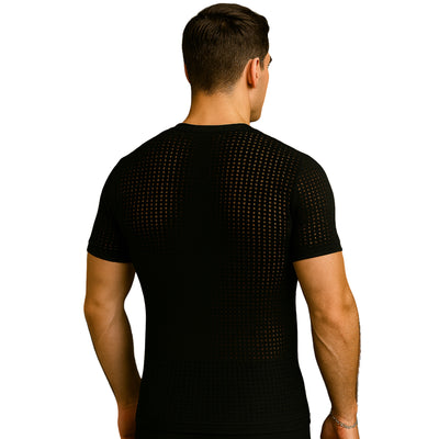 Man wearing a black textured t-shirt on a white background