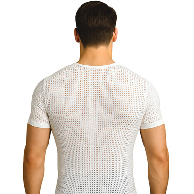 Man wearing a white textured t-shirt on a white background