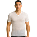 Man wearing a white textured V-neck t-shirt on a white background