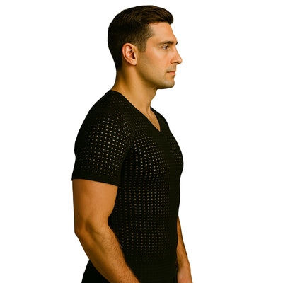 Man wearing a black textured V-neck shirt on a white background