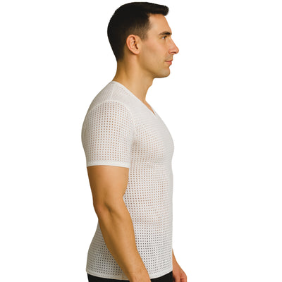 Man wearing a white textured t-shirt on a white background