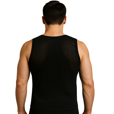 Men's hollow out mesh tank top – sheer lightweight sleeveless shirt with V-neck Black color by IS PRO USA
