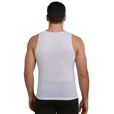 Men's hollow out mesh tank top – sheer lightweight sleeveless shirt with V-neck White color by IS PRO USA