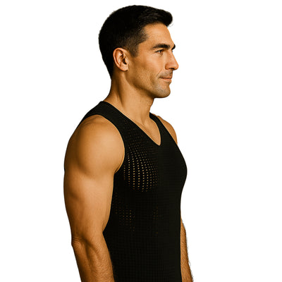 Men's hollow out mesh tank top – sheer lightweight sleeveless shirt with V-neck Black color by IS PRO USA