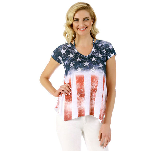 American Flag V-Neck Top with Cap Sleeves - 153707