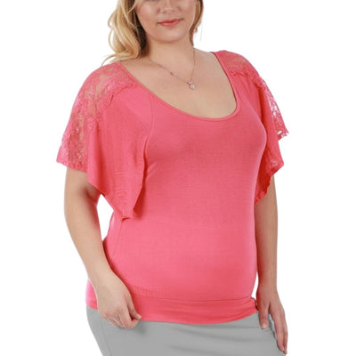 V-Neck Curvy Plus Size Top with Lace Inset 3532104C