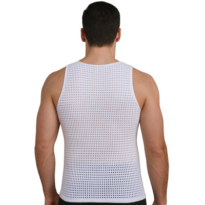Man wearing a white Insta Slim IS PRO Hollow Out Breathable Lightweight Mesh Muscle Tank 103MS0001, Made in the USA