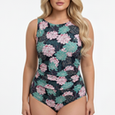 Floral patterned swimsuit worn by a plus-size model on a white background