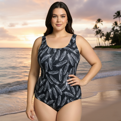 InstantFigure Feathers  One Piece Basic Scoop Tank Swimsuit 78310P