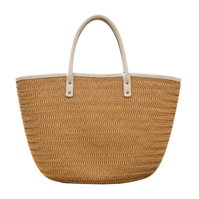 Woven straw tote bag with beige handle on a white background
