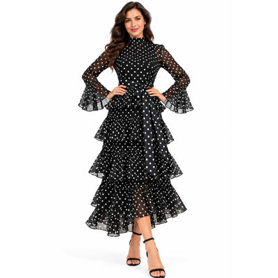 InstantFigure Polka Dot Ruffle Long Dress – Black & White CM5030