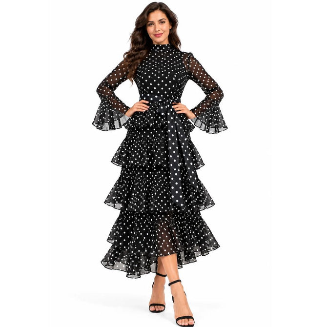 InstantFigure Polka Dot Ruffle Long Dress – Black & White CM5030
