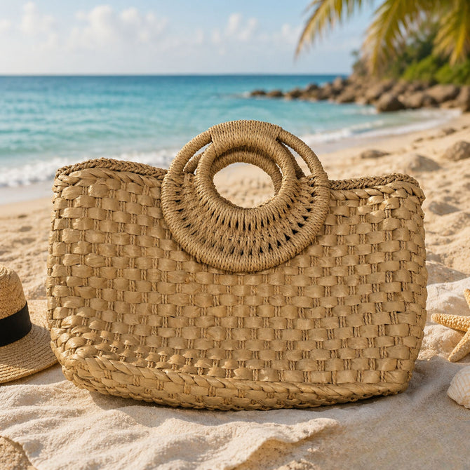 Woven Straw Top Handle Tote Bag – Summer Beach & Resort Handbag MMA8355