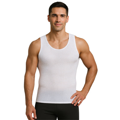 Man wearing a white Insta Slim IS PRO Hollow Out Breathable Lightweight Mesh Muscle Tank 103MS0001, Made in the USA