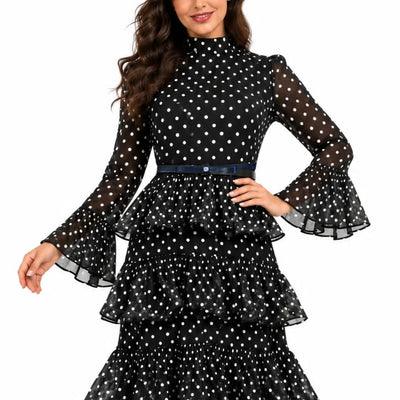 InstantFigure Polka Dot Ruffle Long Dress – Black & White CM5030