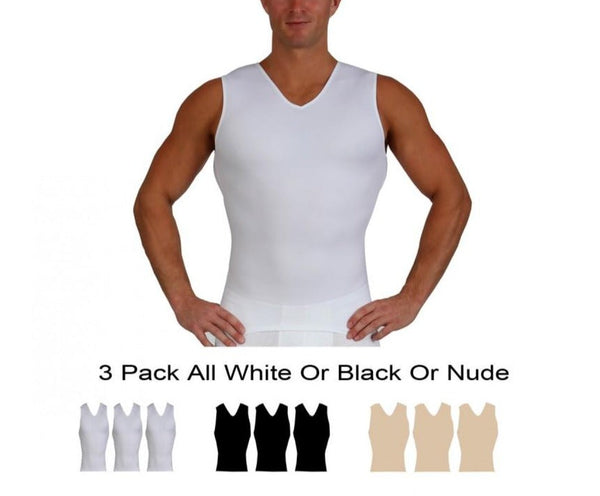 3 Pack Insta Slim tummy control  Compression Sleeveless V-Neck Tank 
Insta Slim 3-Pack Muscle Tank V-Neck Shirts displayed on a male model, showing the slimming effect and sleek silhouette. VS00N3, Aliso Viejo, California, CA