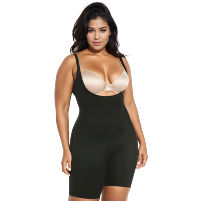 WB40161C_PS_BK_F best tummy control shapewear for curvy plus size women. Instantfigure black under bust bodyshort shapewear is the best tummy control for women. high quality compression faja made in the USA