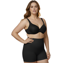 Woman wearing an Instantfigure black shapewear outfit on a white background