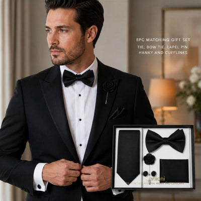 Berlioni 5PC Matching Tie, Bow-tie, Lapel pin, Hanky & Cufflinks Gift Set 155TGS1