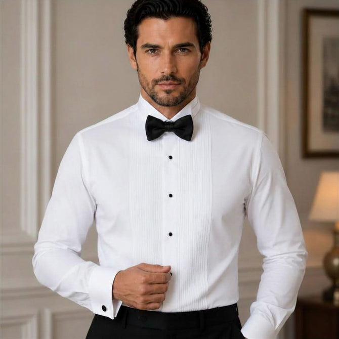 Insta Slim Tuxedo Shirt with Bow Tie – Laydown Pleated Collar 155486