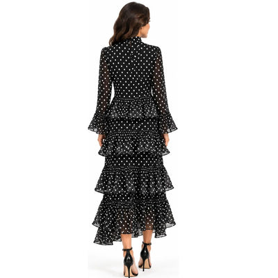 InstantFigure Polka Dot Ruffle Long Dress – Black & White CM5030
