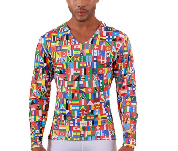 Insta Slim USA Flags Activewear Long Sleeve V-Neck Shirt 5VLST01, Tustin, California, CA